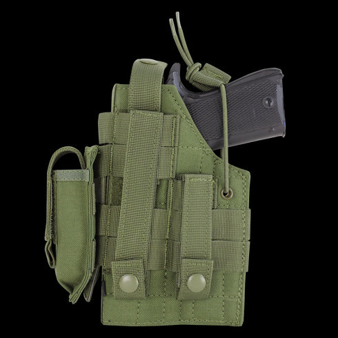 A Condor Ambidextrous Holster - 1911 in green, featuring multiple straps and snap buttons, holds a black handgun partially inserted; displayed against a white background.